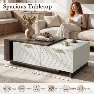 Miereirl 42"- 65" Extendable Coffee Table, Dual-Tone Large Center Table with Sliding Tabletop, 2 Storage Drawers & Open Shelf, Wood Coffee Table Length Adjustable for Apartments, Living Room & Office - Image 2