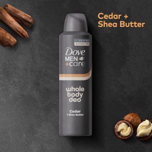 Dove Men Whole Body Deo Deodorant Spray Cedar + Shea Butter, 4 oz Suitable from Pits, Privates, to Feet, with Vitamin E. Cedar + Shea Butter Scent - Image 8
