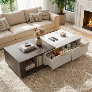 Miereirl 42"- 65" Extendable Coffee Table, Dual-Tone Large Center Table with Sliding Tabletop, 2 Storage Drawers & Open Shelf, Wood Coffee Table Length Adjustable for Apartments, Living Room & Office - Image 4