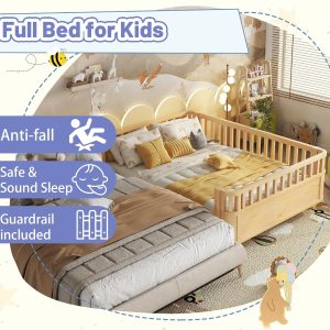Low Profile Montessori Full Bed with Detachable Side Rail, Natural Full Size Platform Bed for Kids, Solid Pine Wood Kids Daybed with Headboard, Footboard & Slat Support for Boys Girls, - Image 8