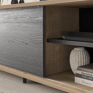 Mid Century Modern TV Stand for 75-80 Inch TV, Entertainment Center with Black Sliding Doors and Natural Wood Color , Media Console with Open Shelves, Cable Management for Living Room - Image 2