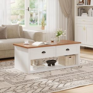 47in White Coffee Table with Hidden Storage, Rustic Farmhouse Center Table 47 inch white farmhouse coffee table with hidden storage compartment. Rustic wood center table for living room & office - Image 3