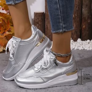Pu Leather Wedges Sports Shoes Women Shiny Thick Bottom Breathable Sneakers Woman Plus Size 44 Lace Up Vulcanized Shoes Female - Image 7