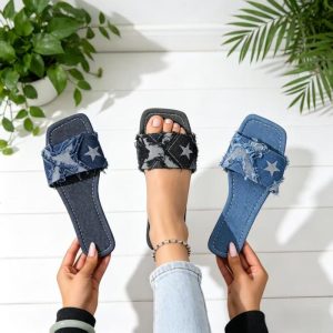 Y2K Denim Strap Flat Heel Sandals Women Summer 2026 Fashion Patchwork Star Pattern Square Toe Beach Slippers Lightweight Sandals - Image 6