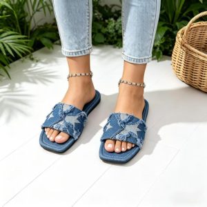 Y2K Denim Strap Flat Heel Sandals Women Summer 2026 Fashion Patchwork Star Pattern Square Toe Beach Slippers Lightweight Sandals - Image 2