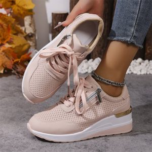 Pu Leather Wedges Sports Shoes Women Shiny Thick Bottom Breathable Sneakers Woman Plus Size 44 Lace Up Vulcanized Shoes Female - Image 2