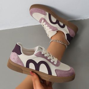 Women Spring Autumn Retro Colorblock Faux Nubuck Sneakers Lace Up Gum Rubber Sole Comfort Flat Casual Outdoor Walking Shoes - Image 3