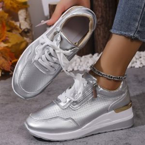 Pu Leather Wedges Sports Shoes Women Shiny Thick Bottom Breathable Sneakers Woman Plus Size 44 Lace Up Vulcanized Shoes Female - Image 3