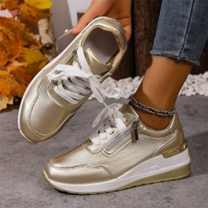 Pu Leather Wedges Sports Shoes Women Shiny Thick Bottom Breathable Sneakers Woman Plus Size 44 Lace Up Vulcanized Shoes Female - Image 4