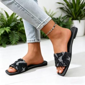 Y2K Denim Strap Flat Heel Sandals Women Summer 2026 Fashion Patchwork Star Pattern Square Toe Beach Slippers Lightweight Sandals - Image 4