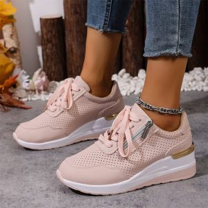 Pu Leather Wedges Sports Shoes Women Shiny Thick Bottom Breathable Sneakers Woman Plus Size 44 Lace Up Vulcanized Shoes Female - Image 8