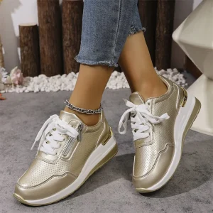 Pu Leather Wedges Sports Shoes Women Shiny Thick Bottom Breathable Sneakers Woman Plus Size 44 Lace Up Vulcanized Shoes Female - Image 1