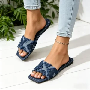 Y2K Denim Strap Flat Heel Sandals Women Summer 2026 Fashion Patchwork Star Pattern Square Toe Beach Slippers Lightweight Sandals - Image 1