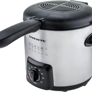 OVENTE Electric Deep Fryer, 0.9L Capacity, 840W, Silver FDM1091BR Adjustable Temperature Knob, Locking Lid, Removable Frying Basket and Cool Touch Handle, Easy to Clean Stainless Steel Body - Image 2