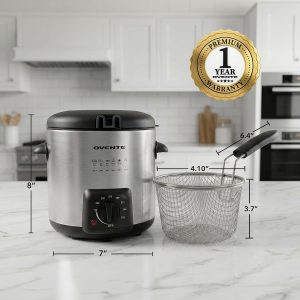OVENTE Electric Deep Fryer, 0.9L Capacity, 840W, Silver FDM1091BR Adjustable Temperature Knob, Locking Lid, Removable Frying Basket and Cool Touch Handle, Easy to Clean Stainless Steel Body - Image 6
