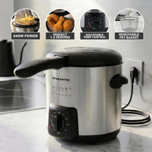 OVENTE Electric Deep Fryer, 0.9L Capacity, 840W, Silver FDM1091BR Adjustable Temperature Knob, Locking Lid, Removable Frying Basket and Cool Touch Handle, Easy to Clean Stainless Steel Body - Image 5