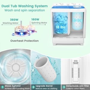 28 Lbs Portable Washing Machine, Portable Washer for Apartment with 18 Lbs Washer, 10 Lbs Spinner, Mini Compact Top Load Washing Machine for RV Dorm - Image 4