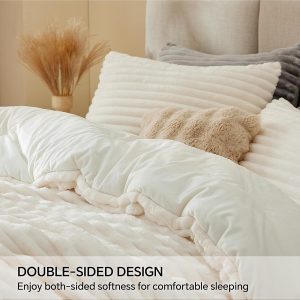 BEDELITE Fleece Queen Comforter Set, Fluffy Bed Set, Cream White Super Soft & Warm Bedding, Luxury Fuzzy Faux Fur Comforter for Winter, Heavy Plush Bedding, with 2 Pillowcases - Image 4