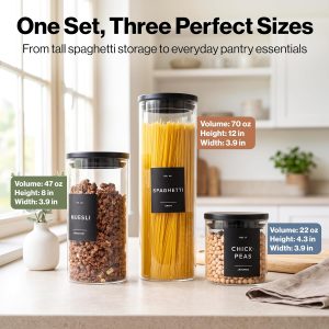 Glass Pantry Storage Jars Containers with Black Lids and Labels - Set of 5 Extra Thick Round Glass Canisters with Black Lids and 54 Pre-printed Pantry Labels keeps dry Goods Fresh and Organized Visit the EDELHAUS Store - Image 3