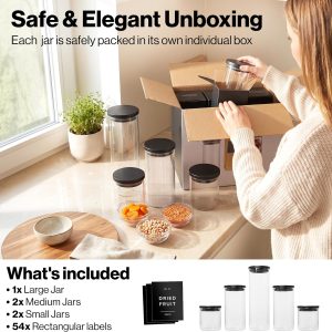Glass Pantry Storage Jars Containers with Black Lids and Labels - Set of 5 Extra Thick Round Glass Canisters with Black Lids and 54 Pre-printed Pantry Labels keeps dry Goods Fresh and Organized Visit the EDELHAUS Store - Image 8