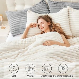 BEDELITE Fleece Queen Comforter Set, Fluffy Bed Set, Cream White Super Soft & Warm Bedding, Luxury Fuzzy Faux Fur Comforter for Winter, Heavy Plush Bedding, with 2 Pillowcases - Image 5