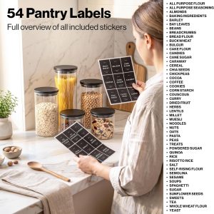 Glass Pantry Storage Jars Containers with Black Lids and Labels - Set of 5 Extra Thick Round Glass Canisters with Black Lids and 54 Pre-printed Pantry Labels keeps dry Goods Fresh and Organized Visit the EDELHAUS Store - Image 6