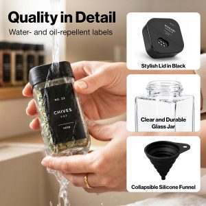 Glass Square Spice Jars with Label, 24x Black Sprinkle Lids Airtight Lids keep spices fresh, Kitchen Spice Drawer Organizer, 4oz Seasoning Containers incl. Funnel, Brush & 240 Labels - Image 8
