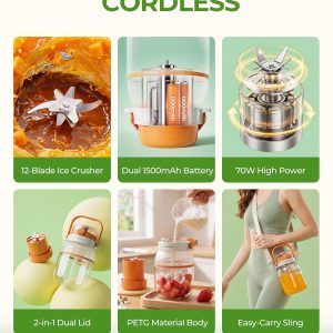 Licuadora Portatil personal travel blender 34OZ Smoothie Shake Juicer Cup 80W motor, 10-leaf system crushes ice in 30s. 34oz BPA-free cup with dual lids. 1500mAh battery, safety lock, easy clean. - Image 8