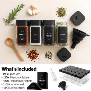 Glass Square Spice Jars with Label, 24x Black Sprinkle Lids Airtight Lids keep spices fresh, Kitchen Spice Drawer Organizer, 4oz Seasoning Containers incl. Funnel, Brush & 240 Labels - Image 6