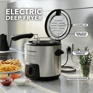 OVENTE Electric Deep Fryer, 0.9L Capacity, 840W, Silver FDM1091BR Adjustable Temperature Knob, Locking Lid, Removable Frying Basket and Cool Touch Handle, Easy to Clean Stainless Steel Body - Image 4