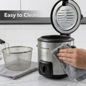 OVENTE Electric Deep Fryer, 0.9L Capacity, 840W, Silver FDM1091BR Adjustable Temperature Knob, Locking Lid, Removable Frying Basket and Cool Touch Handle, Easy to Clean Stainless Steel Body - Image 7