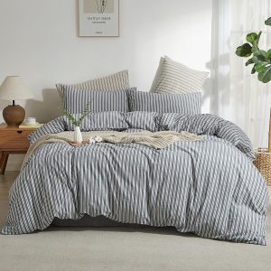 Striped Duvet Cover Set 100% Washed Cotton Linen Feel King Linen Like Texture Relaxed, Comfy Breathable Lightweight for All Season, 3 Piece Bedding Set, Hidden Zipper & 8 Corner Ties - Image 7