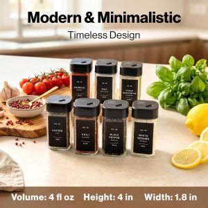 Glass Square Spice Jars with Label, 24x Black Sprinkle Lids Airtight Lids keep spices fresh, Kitchen Spice Drawer Organizer, 4oz Seasoning Containers incl. Funnel, Brush & 240 Labels - Image 2