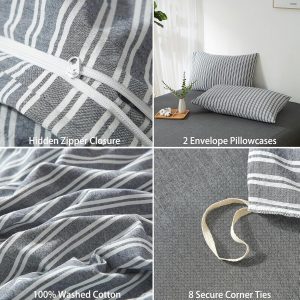 Striped Duvet Cover Set 100% Washed Cotton Linen Feel King Linen Like Texture Relaxed, Comfy Breathable Lightweight for All Season, 3 Piece Bedding Set, Hidden Zipper & 8 Corner Ties - Image 5