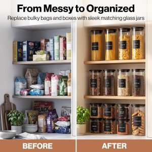 Glass Pantry Storage Jars Containers with Black Lids and Labels - Set of 5 Extra Thick Round Glass Canisters with Black Lids and 54 Pre-printed Pantry Labels keeps dry Goods Fresh and Organized Visit the EDELHAUS Store - Image 4