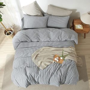Striped Duvet Cover Set 100% Washed Cotton Linen Feel King Linen Like Texture Relaxed, Comfy Breathable Lightweight for All Season, 3 Piece Bedding Set, Hidden Zipper & 8 Corner Ties - Image 6