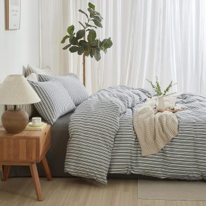 Striped Duvet Cover Set 100% Washed Cotton Linen Feel King Linen Like Texture Relaxed, Comfy Breathable Lightweight for All Season, 3 Piece Bedding Set, Hidden Zipper & 8 Corner Ties - Image 2