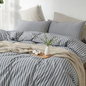 Striped Duvet Cover Set 100% Washed Cotton Linen Feel King Linen Like Texture Relaxed, Comfy Breathable Lightweight for All Season, 3 Piece Bedding Set, Hidden Zipper & 8 Corner Ties - Image 1