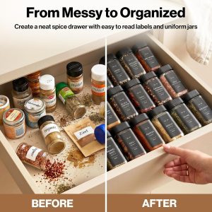 Glass Square Spice Jars with Label, 24x Black Sprinkle Lids Airtight Lids keep spices fresh, Kitchen Spice Drawer Organizer, 4oz Seasoning Containers incl. Funnel, Brush & 240 Labels - Image 5