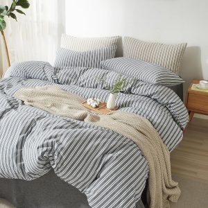 Striped Duvet Cover Set 100% Washed Cotton Linen Feel King Linen Like Texture Relaxed, Comfy Breathable Lightweight for All Season, 3 Piece Bedding Set, Hidden Zipper & 8 Corner Ties - Image 4